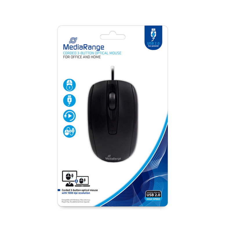 MediaRange Optical Mouse Corded 3-Button (Black